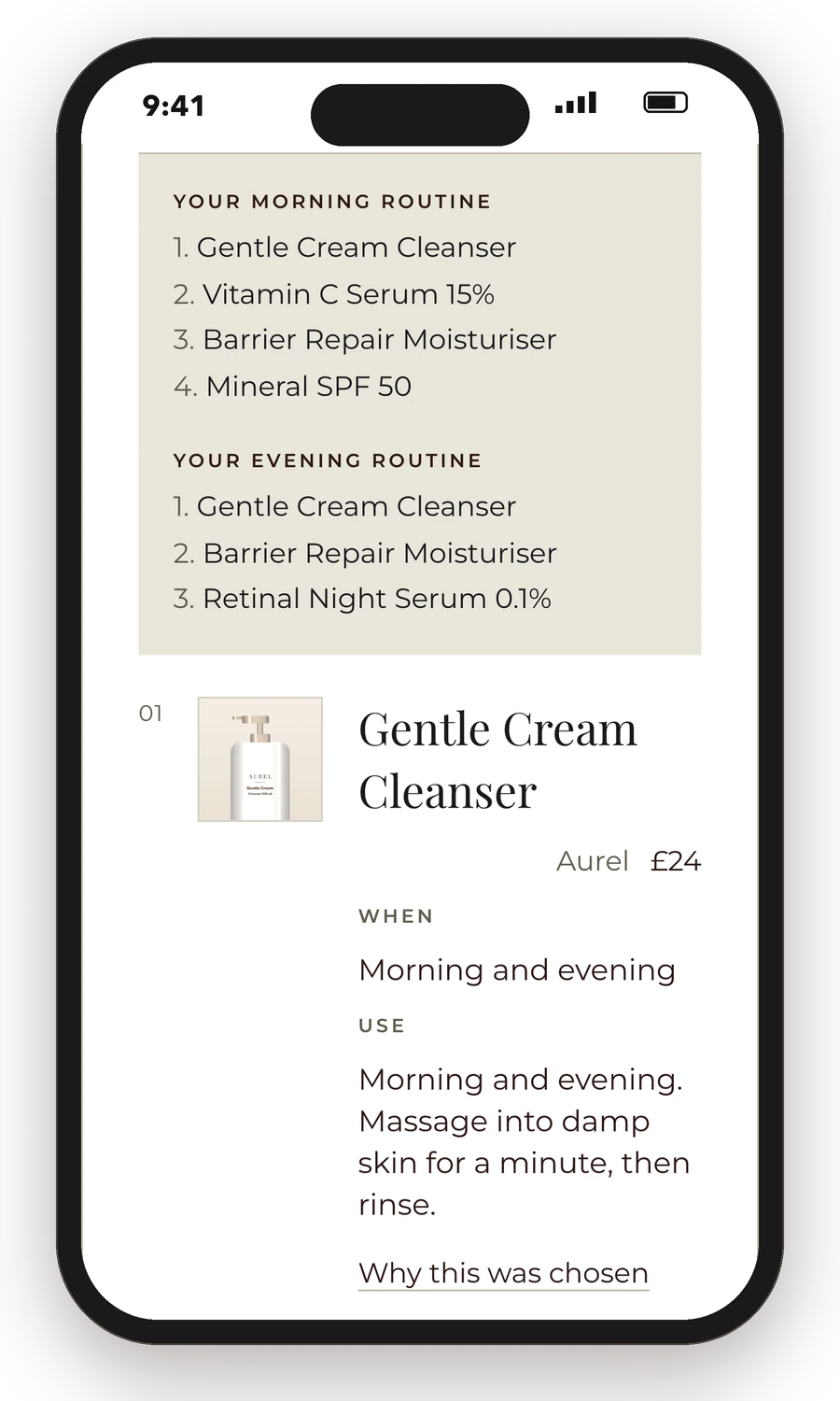 The client's morning and evening routine, product by product, in order