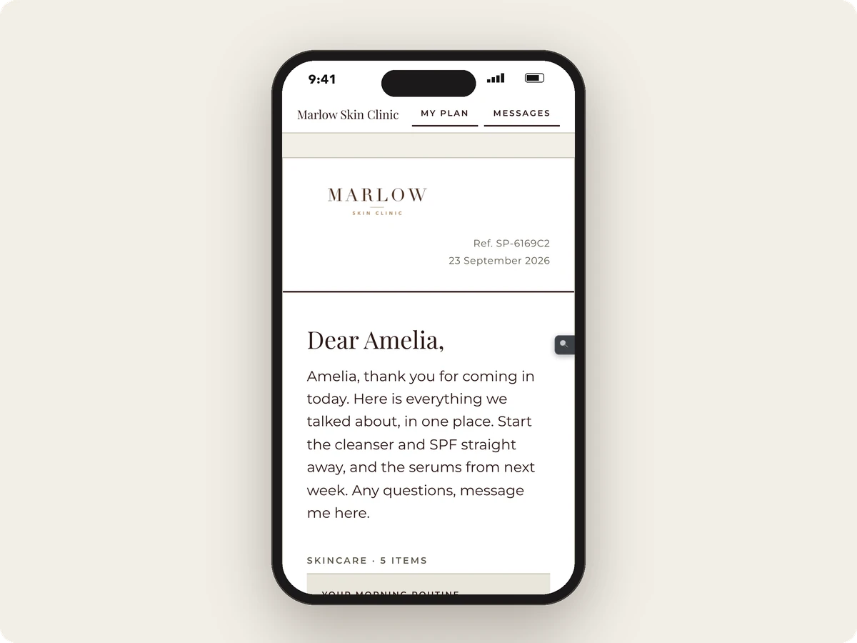 The plan on the client's phone: a letter from the clinic with each product and treatment